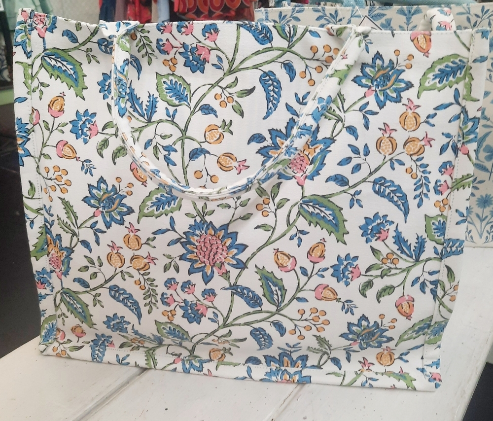 New Blue, White & Green  Floral Canvas Tote Bag - Shopper Tote - On The Go Bag